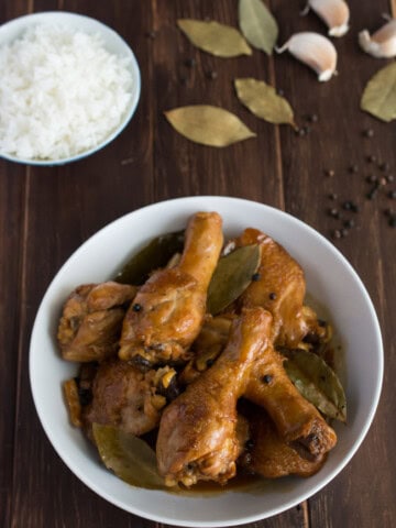 Chicken Adobo is a Filipino classic that has been dubbed the unofficial dish of the Phillippines. A simple blend of soy sauce, garlic, vinegar with bay leaves and whole peppercorns yileds one of the most incredible sauces you have ever tasted.