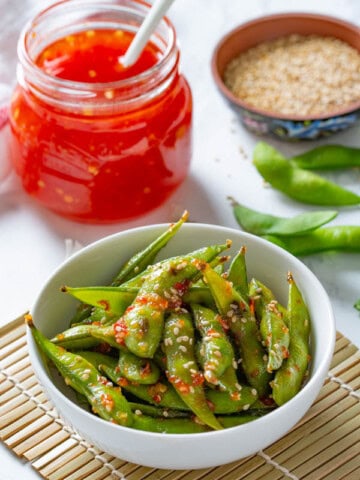 sweet chili edamame in a small bowl