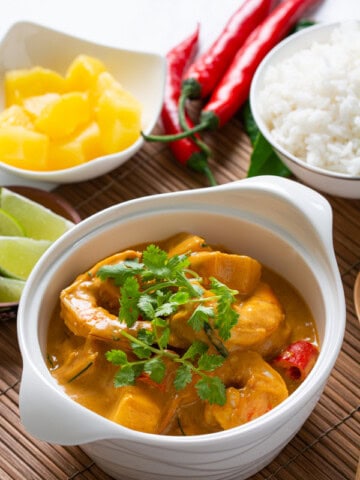 Thai Pineapple Shrimp Curry in a white bowl