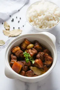 pork belly adobo with steamed rice