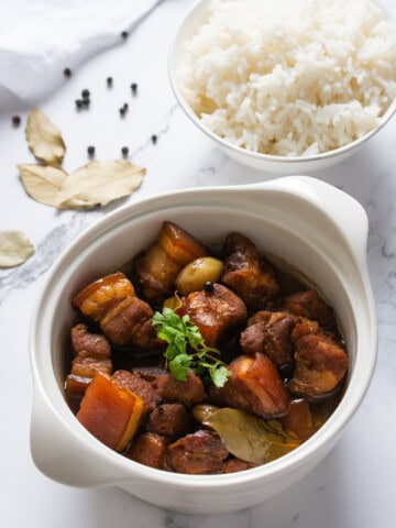 pork belly adobo with steamed rice