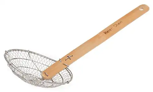 Helen's Asian Kitchen Helen Chen’s Asian Kitchen Stainless Steel Spider Natural Handle, Strainer Basket, 5-Inch, Bamboo, Wood