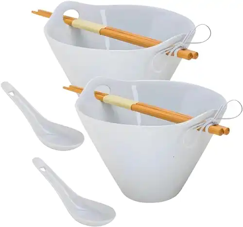 Porcelain Noodle Soup Bowl w/Bamboo Chopsticks and Ceramic Spoon (2-Pack)