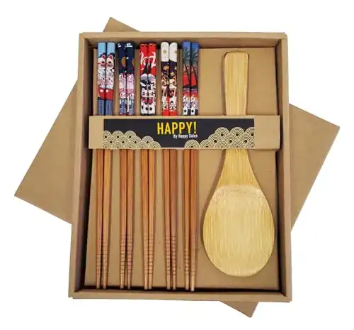 Lucky Cat Bamboo Chopsticks and Rice Paddle Gift Set