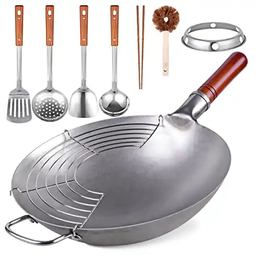 Traditional Hand Hammered Carbon Steel Wok (13.4") with 8 Pcs Cookware Accessories