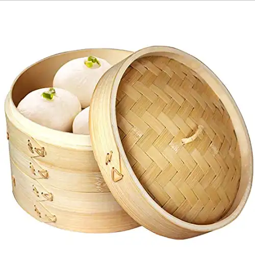 Handmade Steam Basket Bamboo Steamer 10 Inch, 2 Tiers Chinese Food Bamboo Steamers for Cooking, Steam Baskets Dumplings Vegetables Chicken Fish Rice, Reusable 2 Gauze Liners and Chopsticks
