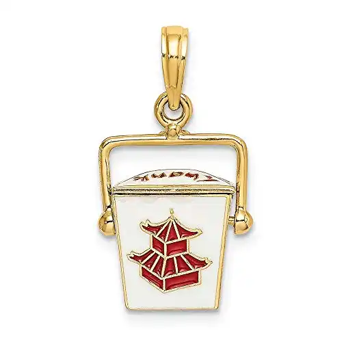 Solid 14k Yellow Gold 3-D Enameled Chinese Take-Out Box Charm Pendant