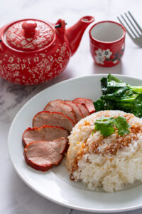 air fryer char siu with rice and vegetables