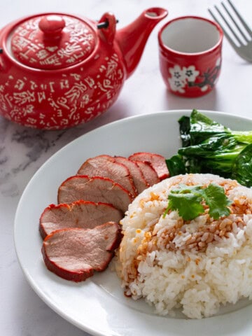 air fryer char siu with rice and vegetables