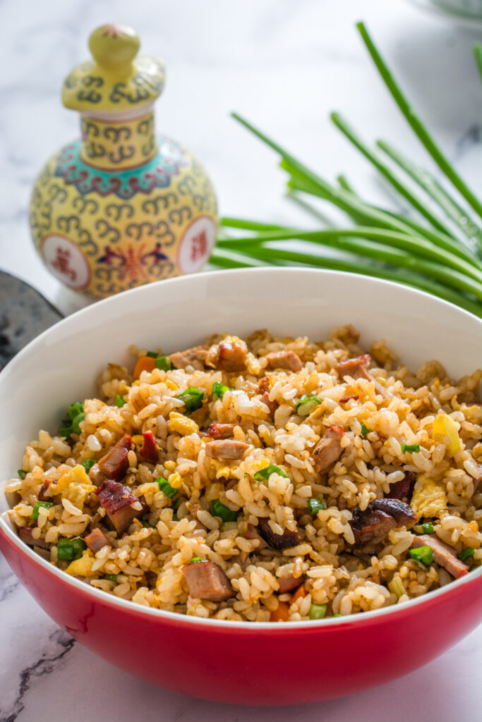 chinese bbq pork (char siu) fried rice in a bowl