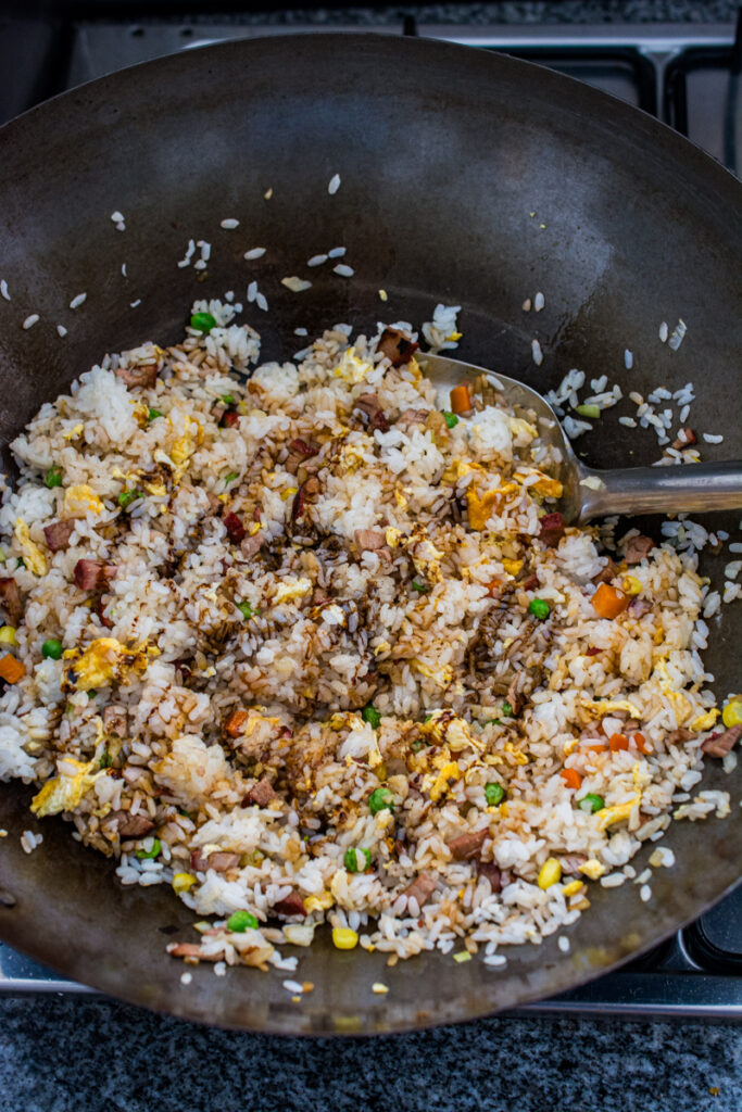 seasoning sauce on char siu fried rice