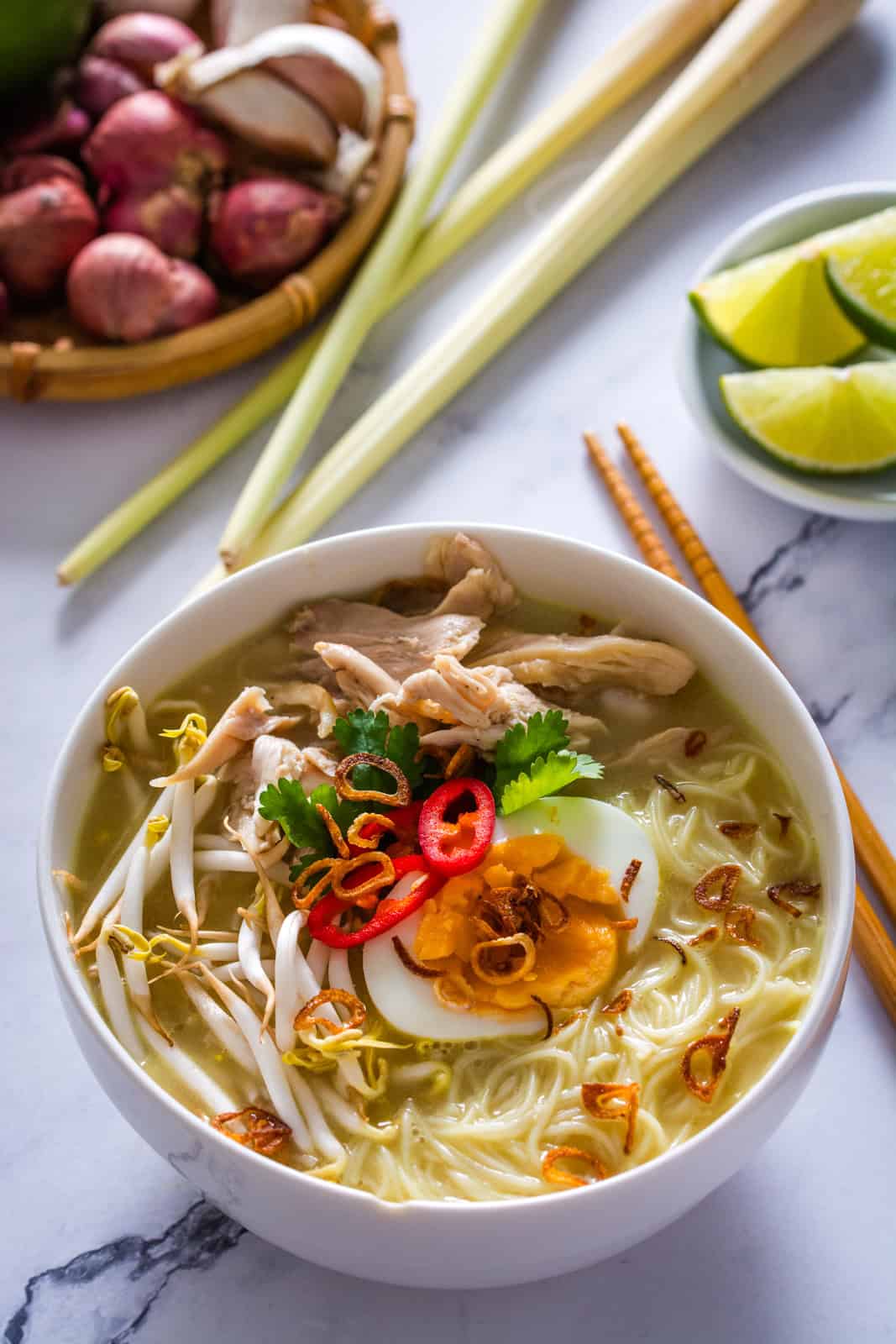 indonesian soto ayam with vermicelli noodles